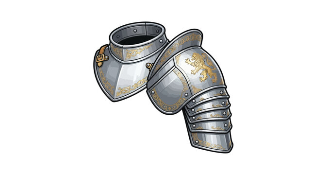 Silver and gold medieval shoulder pauldrons with lion emblem

