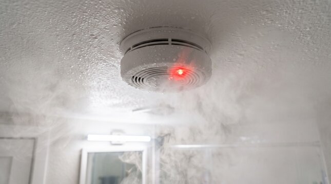 Smoke detector on ceiling with red light flashing and thick smoke clouds. Fire safety concept.