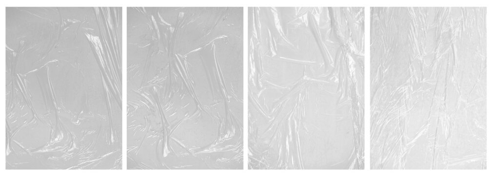 Transparent plastic film texture. Stretchable polyethylene film in A4 size. Plastic stretch cellophane effect with a crumpled and wrinkled texture. Realistic wrapping stretch film.