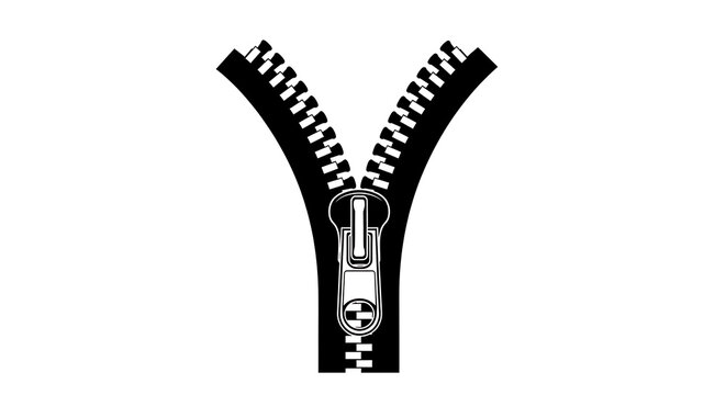 Black zipper partially open on white background