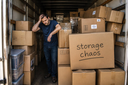 A man is overwhelmed by a large pile of storage boxes in a cluttered warehouse.