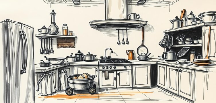 Rustic kitchen sketch, charcoal on aged paper,  illustration,  black