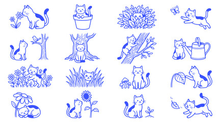 Fototapeta premium Cartoon cat doodles in garden. Cute feline character set for nature and floral designs.