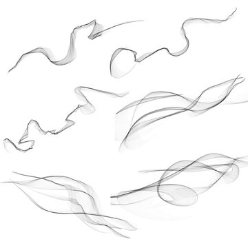 Collection of five elegant transparent smoke swirls and flowing ink lines isolated on pure white background. Delicate wavy strokes resembling incense smoke, silk ribbons in wind and abstract calligrap