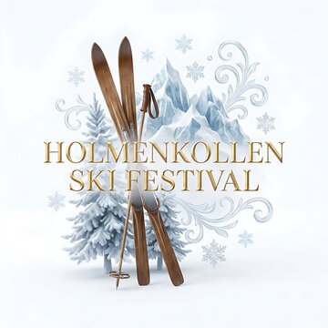 Winter ski festival poster design. Vintage wooden skis and poles in a snowy mountain landscape.