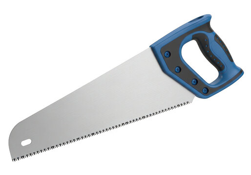Hand saw with blue handle and metal blade on transparent background