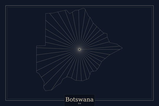 Botswana map vector with radial line art, geometric country silhouette on dark background, minimalist gold outline map for travel infographics