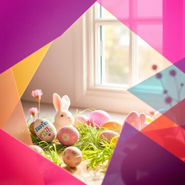 Vivid geometric shards frame playful pastel Easter motifs, artfully angled ,  composition,  pattern