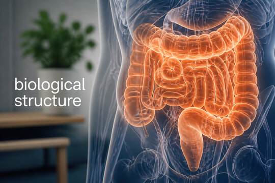 An anatomical illustration of the human digestive system, specifically the intestines.
