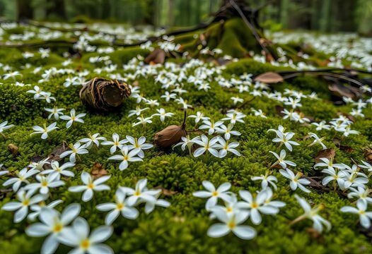 White tung flowers fallen on a mossy forest floor, creating a beautiful natural carpet,  fordii,  beautiful