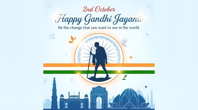 Vector illustration of Gandhi Jayanti, Mahatma Gandhi, national holiday of India, 2nd October, india flag, indian monuments silhouette, banner with english
