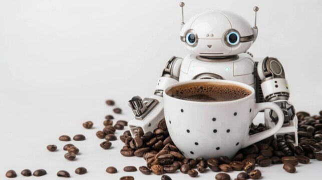 Robot toy sits next to a white ceramic cup filled with hot black coffee surrounded by scattered roasted coffee beans on a clean white surface representing a futuristic break time concept for office.