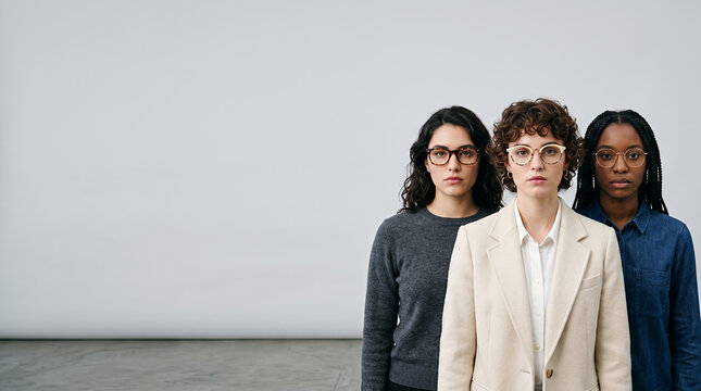 Three women in glasses and businesswear portrait studio