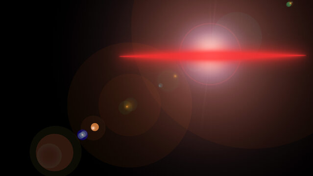 Red lens flare with circular bokeh and horizontal light streak on a dark background