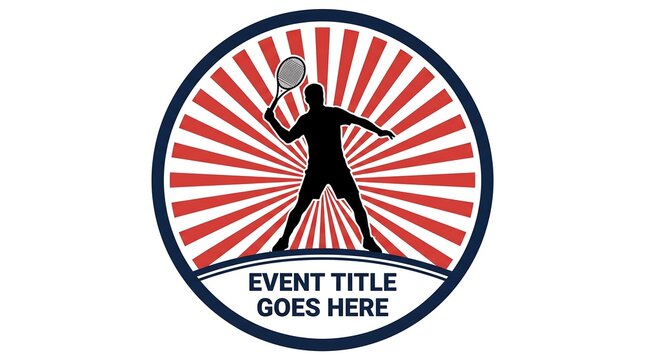 Dynamic tennis player silhouette with radial sunburst design and editable text space