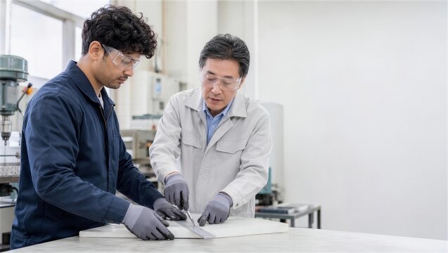 外国人スタッフが日本人先輩と工場で工具の安全な扱いを学ぶ研修