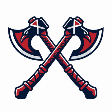 Crossed Viking battle axes flat vector mascot illustration for esports gaming team logo isolated on white background