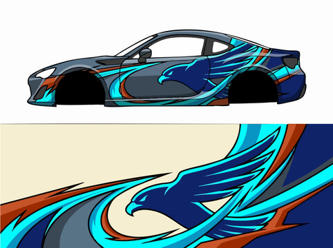 Sports car with dynamic eagle wing design wrap