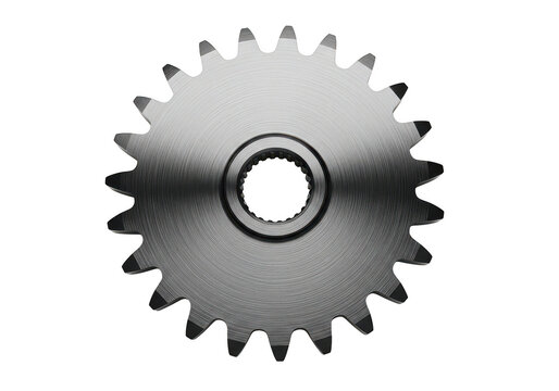 Metallic sprocket with central hole on transparent background gear cogwheel silver