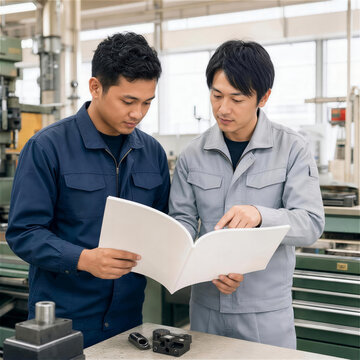 工場で外国人スタッフに部品検査の方法を説明するOJT