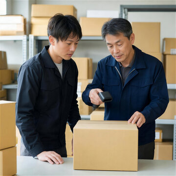 倉庫で外国人スタッフがハンディ端末のスキャンを学ぶOJT