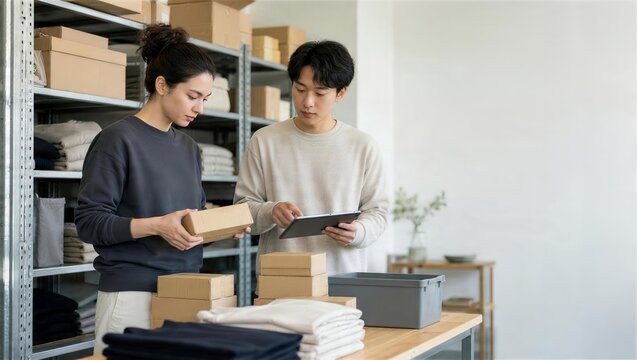 店舗バックヤードで品出しを学ぶ外国人スタッフのOJT