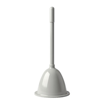Modern plunger with a long handle and rounded rubber bottom for clearing clogs in toilets and drains, white color, isolated on white background
