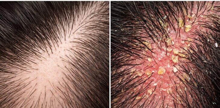 split-view comparison of a healthy human scalp versus seborrheic dermatitis scalp, visible dandruff flakes, redness, oily scales