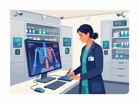 Female medical professional analyzing digital skeleton scan on computer screen for radiology diagnostics concept in modern clinic