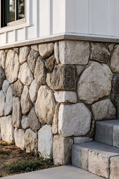 Fieldstone wainscot and concrete steps below white board-and-batten siding, rustic foundation detail on farmhouse exterior.
