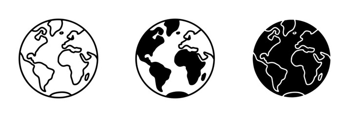 Earth Globe Icons: Outline, Filled, and Silhouette Variations for Global Concepts, Planet Representation, and International Themes © Tania