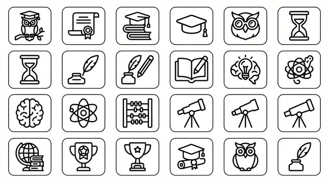 Set of black and white education and school outline icons on white