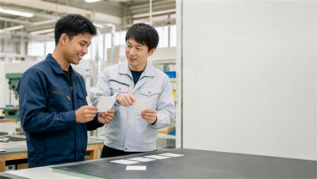 工場で安全カードを使いヒヤリハット予防を学ぶ外国人スタッフ