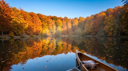 Colorful autumn forest reflected across a calm lake under a clear blue sky in a peaceful natural landscape © LyaaArtWorks
