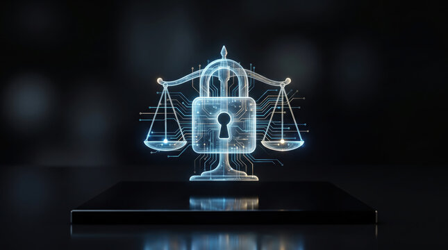 AI governance compliance ethics legal technology concept with digital lock and scale symbolizing secure and fair regulation in futuristic dark background