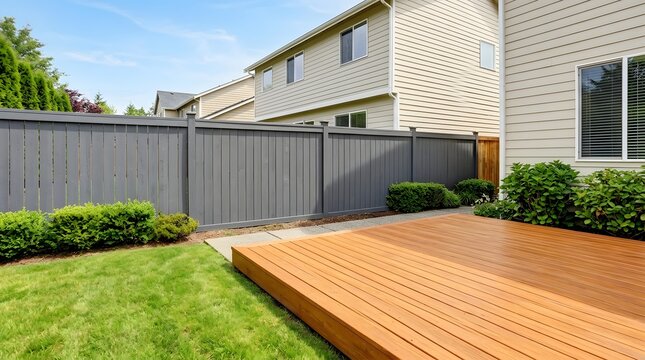 Fresh stained privacy fence beside clean wooden backyard deck