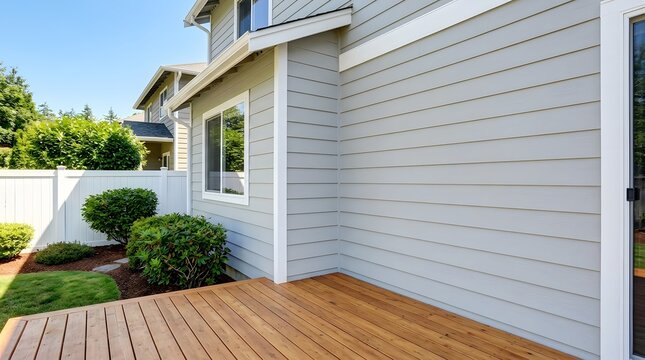 Freshly painted exterior siding above clean wooden backyard deck