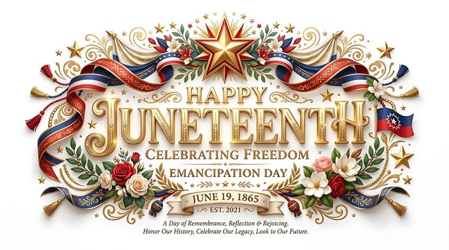 Juneteenth celebration poster with gold text. Emancipation Day banner with star ribbons.