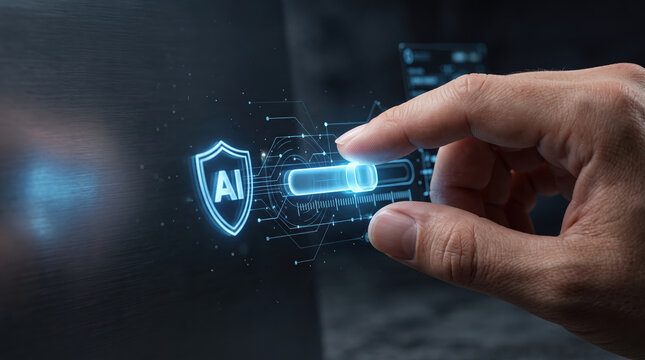 AI technology compliance governance ethics legal hand digital interface futuristic protection security innovation concept cyber shield data network control human finger touchscreen virtual system