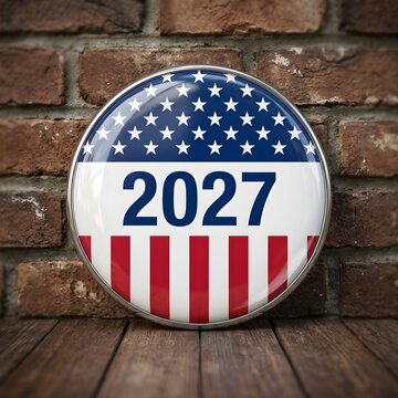 A circular election button with the year 2027 displayed prominently, set against a brick wall and wooden surface.