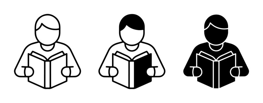 Set of three reading icons, line art, silhouette, and filled icon, representing education, knowledge, and learning concepts.