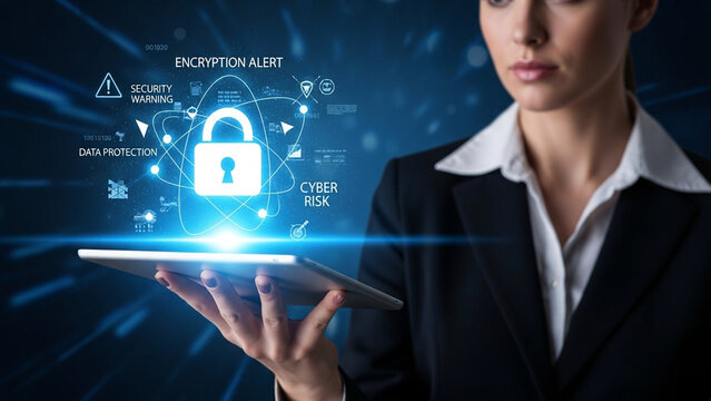 Businesswoman in a suit holding a tablet projecting a blue holographic interface with a padlock icon, encryption alert, data protection text, and cyber risk warning icons.
