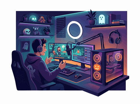 Professional gamer streaming live content from a home studio flat vector illustration for esports and digital entertainment concept