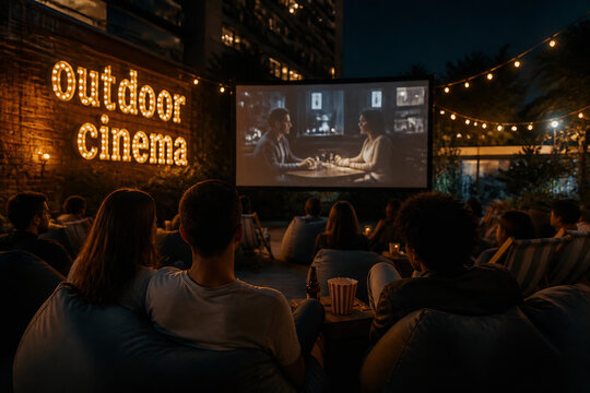 People watching an outdoor cinema screen at night outdoors.