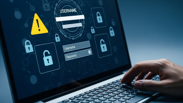 Cybersecurity concept showing a person typing on a laptop with a digital login screen featuring a yellow warning triangle, username password fields, and various padlock icons.