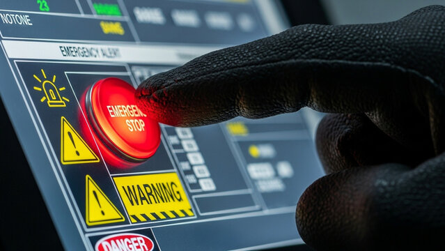 Close-up of a hand in a black textured glove pressing a glowing red emergency stop button on a digital industrial control interface with warning signs and danger labels.