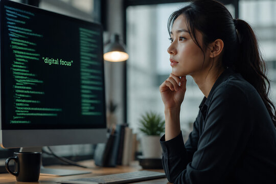A young woman looks thoughtfully at code displayed on a computer screen in an office setting.