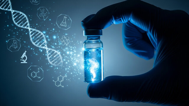 Scientist hand in blue glove holding glass vial with glowing substance, DNA helix and medical icons, biotechnology, genetic engineering and laboratory research background.