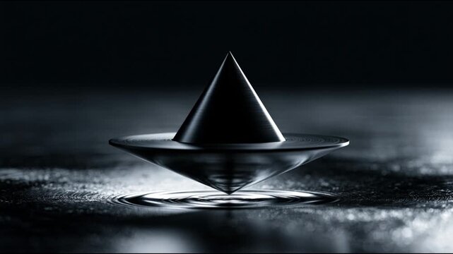 Minimalist metal spinning top totem balancing on dark reflective surface