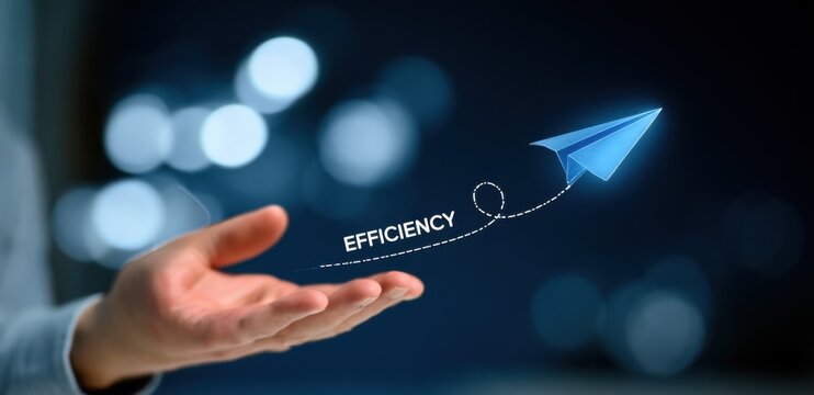 Business hand releasing blue paper airplane with efficiency text and dashed line, business productivity and fast growth concept